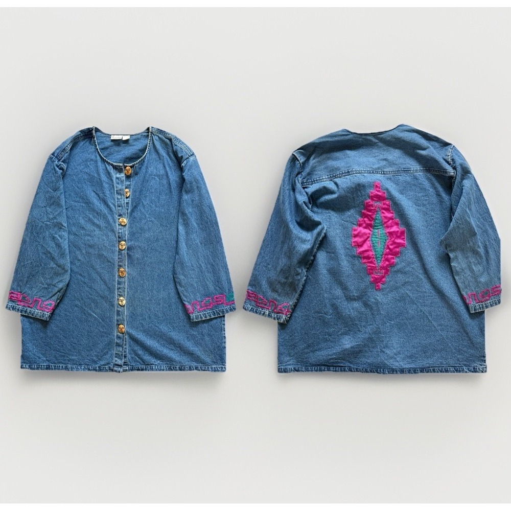 VTG Kalidaz Denim Jacket M-XL Southwestern Embroidered Aztec Button USA Western